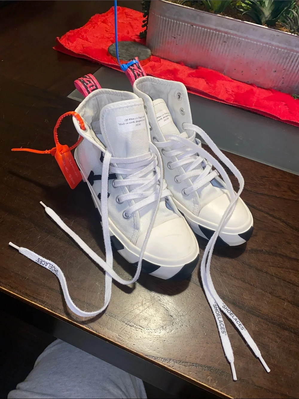 Off-White White and Black Canvas High-Top Sneakers with Orange Tag